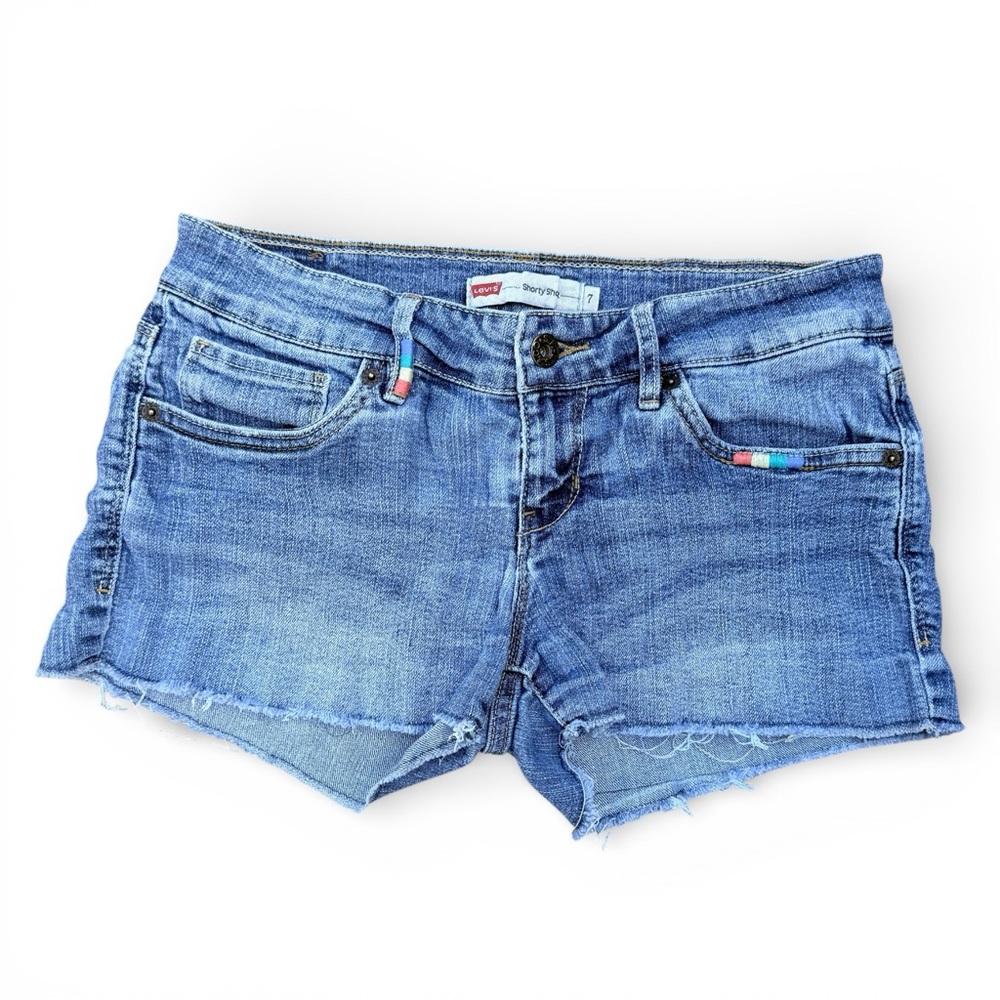 Boho Levi's Denim Jean Shorty Shorts Size 7 Stretchy Embroidered Accents Retro